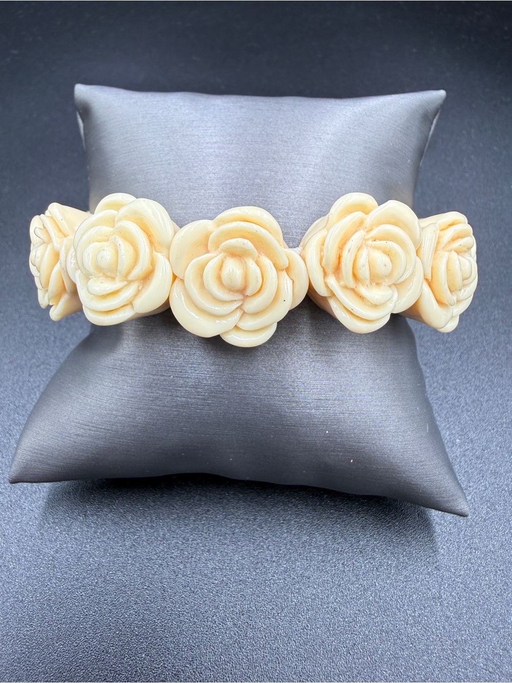 Floral Carved Rose Stretch Bracelet in Cream